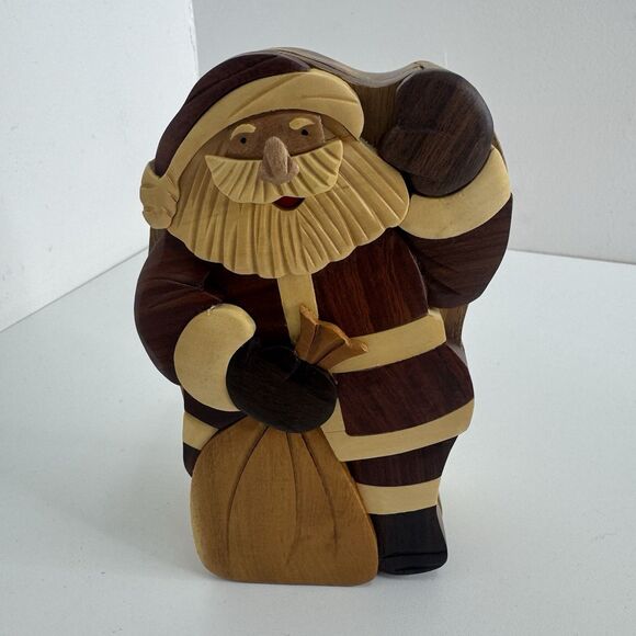 Handcrafted Carved Wood Puzzle Box Gift Jewelry Trinket Box Santa Christmas - Picture 5 of 7